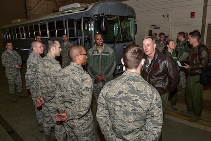 U.S. Air Force Gen. Terrence J. O'Shaughnessy, Pacific Air Forces (PACAF) commander, right, and Chief Master Sgt. Anthony Johnson, PACAF command chief, center, interact with Airmen assigned to the 773rd Logistics Readiness Squadron at the Joint Readiness Complex on Joint Base Elmendorf-Richardson, Alaska, as they toured the base, Feb. 7, 2017. O’Shaughnessy also held an all-call to speak to Airmen about several topics including leadership philosophies, command priorities, and what Airmen can expect from him as well as what he expects from Airmen. 