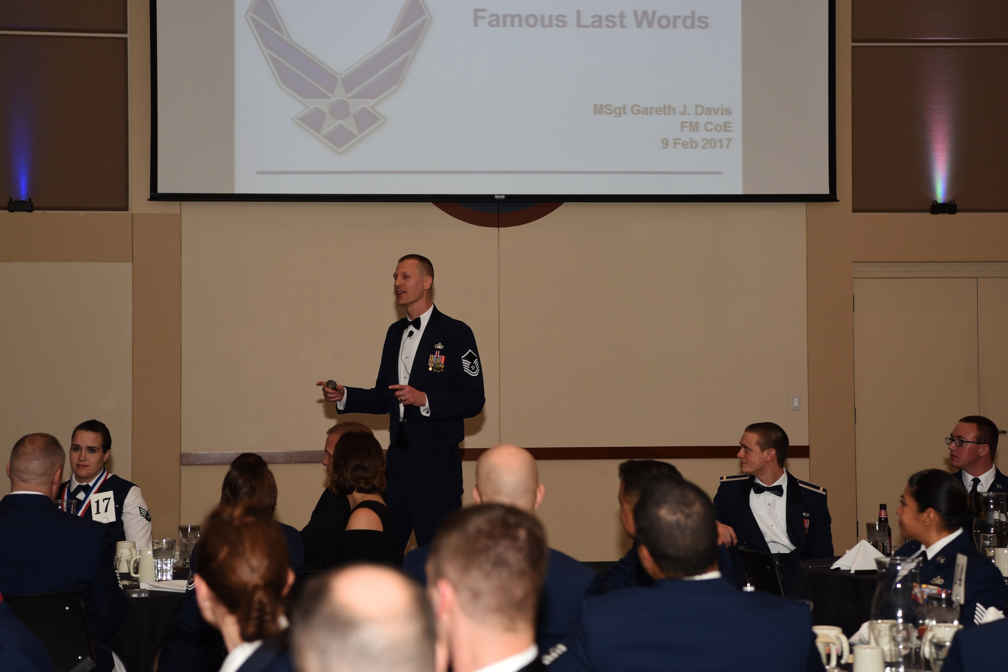 Master Sgt Gareth Davis, Air Force Financial Management Center of Excellence superintendent, delivers his speech to the Airman Leadership School graduating class Feb. 9, 2017, at the Leadership Development Center on Buckley Air Force Base, Colo. During his speech, Davis explained to the class the importance of every job in the Air Force and how proud they should feel being part of the world’s greatest Air Force. (U.S. Air Force photo by Airman Holden S. Faul/Released)