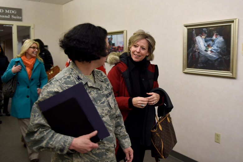 Donna O’Shaughnessy, spouse of U.S. Air Force Gen. Terrence O’Shaughnessy, Pacific Air Forces comander, walks with Col. Tambra Yates, 673rd Medical Group commander, after meeting with Exceptional Family Member Program families at the Joint Base Elmendorf-Richardson hospital, Feb. 7, 2017. 