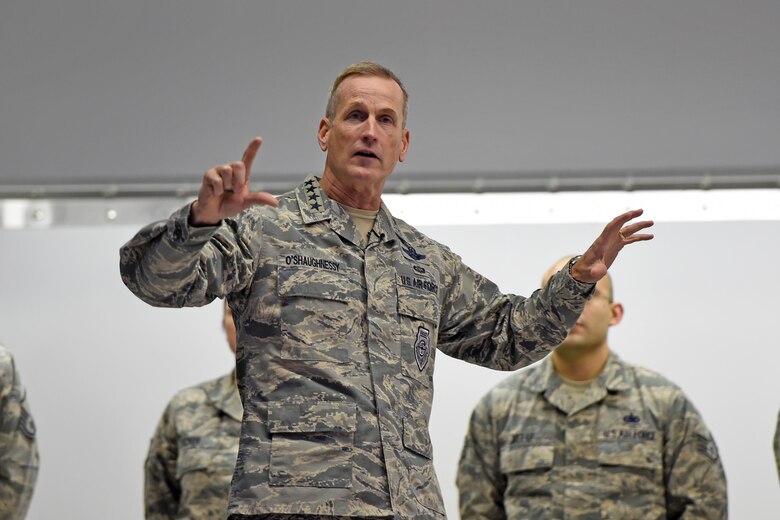 U.S. Air Force Gen. Terrence J. O'Shaughnessy, Pacific Air Forces commander, speaks with Airmen during an all-call, at Joint Base Elmendorf- Richardson, Alaska, Feb. 7, 2017. During the all-call, O’Shaughnessy spoke to Airmen about several topics including leadership philosophies, command priorities, and what Airmen can expect from him as well as what he expects from them.