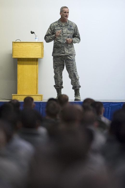 U.S. Air Force Gen. Terrence J. O'Shaughnessy, Pacific Air Forces commander, speaks with Airmen during an all-call at Joint Base Elmendorf-Richardson, Alaska, Feb. 7, 2017. During the all-call, O’Shaughnessy spoke to Airmen about several topics including leadership philosophies, command priorities, and what Airmen can expect from him as well as what he expects from them. 