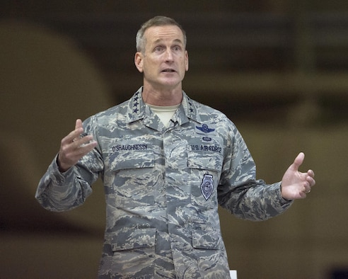 U.S. Air Force Gen. Terrence J. O'Shaughnessy, Pacific Air Forces commander, speaks with Airmen during an all-call at Joint Base Elmendorf-Richardson, Alaska, Feb. 7, 2017. During the all-call, O’Shaughnessy spoke to Airmen about several topics including leadership philosophies, command priorities, and what Airmen can expect from him as well as what he expects from them. 