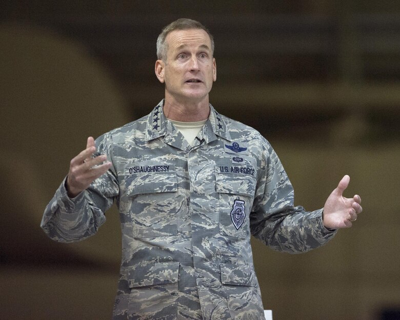 U.S. Air Force Gen. Terrence J. O'Shaughnessy, Pacific Air Forces commander, speaks with Airmen during an all-call at Joint Base Elmendorf-Richardson, Alaska, Feb. 7, 2017. During the all-call, O’Shaughnessy spoke to Airmen about several topics including leadership philosophies, command priorities, and what Airmen can expect from him as well as what he expects from them. 