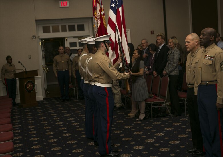 Sgt. Maj. Ronald L. Green (right), Sergeant Major of the Marine Corps, and the Commandant of the Marine Corps Gen. Robert B. Neller(left from right), stand at attention for the playing of the national anthem, at the annual Commandant of the Marine Corps’ 2016 Combined Awards Ceremony, Feb. 8, 2017, in Quantico, Va. The ceremony recognizes Marine recruiters, prior service recruiters, drill instructors, combat instructors, career planners and athletes for their hard work and dedication. 