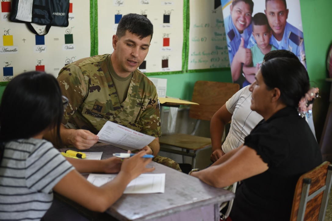 Capt. Joe Kofoed, Joint Task Force-Bravo Medical Element, tends to a patient with the help of a Honduran volunteer during a Medical Readiness Training Exercise in Estancia, La Paz, Jan. 31. Volunteers worked as interpreters to facilitate communication between the U.S. servicemembers and patients. (U.S. Army photo by Maria Pinel)