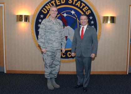 U.S. Air Force Gen. John E. Hyten (left), commander of U.S. Strategic Command (USSTRATCOM), welcomes U.S. Rep. Don Bacon (right), of Nebraska's 2nd congressional district, at USSTRATCOM headquarters, Offutt Air Force Base, Neb., Feb. 10, 2017. Bacon, a member of House Armed Services Committee, met with Hyten and other senior leaders during his visit and received briefings on current operations, space, nuclear modernization and local issues. One of nine DoD unified combatant commands, USSTRATCOM has global strategic missions assigned through the Unified Command Plan that include strategic deterrence; space operations; cyberspace operations; joint electronic warfare; global strike; missile defense; intelligence, surveillance and reconnaissance; and analysis and targeting. 