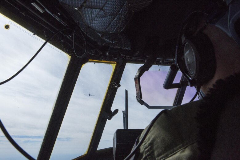 A pilot with Marine Aerial Refueler Squadron (VMGR) 352, 3rd Marine Aircraft Wing, stationed aboard Marine Corps Air Station Miramar, flies an aerial refuel mission in support of exercise Wing Fury, over the Pacific Ocean near Southern California, Feb. 3. VMGR-352 is able to conduct a wide variety of mission sets to support both ground and aviation operations including providing humanitarian assistance following a disaster. (U.S. Marine Corps photo by Lance Cpl. Liah Kitchen/Released)