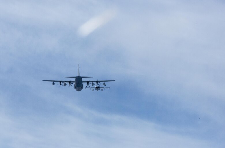 A KC-130J Super Hercules with Marine Aerial Refueler Squadron (VMGR) 352, 3rd Marine Aircraft Wing, stationed aboard Marine Corps Air Station Miramar, conducts an aerial refuel in support of exercise Wing Fury, off the coast of Southern California, Feb. 3. VMGR-352 is able to conduct a wide variety of mission sets to support both ground and aviation operations, including providing humanitarian assistance following a disaster. (U.S. Marine Corps photo by Lance Cpl. Liah Kitchen/Released)