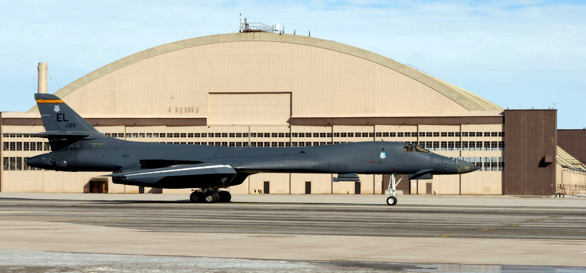 A B-1 bomber assigned to the 37th Bomb Squadron at Ellsworth Air Force Base, S.D. prepares to fly out to participate in exercise Red Flag 17-1 at Nellis AFB, Nevada, Jan. 20, 2016. Nearly 200 Airmen and five jets assigned to Ellsworth participated in the three-week exercise. (U.S. Air Force photo by Airman 1st Class Donald Knechtel)