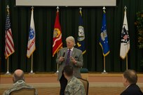 Retired U.S. Navy Petty Officer 3rd Class Dave Roever, a Vietnam War veteran, delivers a speech on overcoming adversity during the 2017 Joint Base San Antonio Prayer Breakfast at the Gateway Club at JBSA-Lackland, Texas, Feb 7, 2017. Roever was drafted into the Navy as a Brown Water Black Beret at the height of the Vietnam War and in 1969, he received multiple burns from a phosphorous grenade.