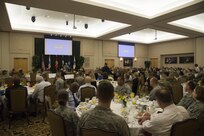 Retired U.S. Navy Petty Officer 3rd Class Dave Roever, a Vietnam War veteran, speaks about how he overcameovercoming adversity while serving in the military during the 2017 Joint Base San Antonio Prayer Breakfast at the Gateway Club at Joint Base San Antonio-Lackland, Texas, Feb. 7, 2017. Roever received multiple burns when a phosphorous grenade exploded in his hand while deployed to Vietnam in 1969 and left him hospitalized for 14 months.
