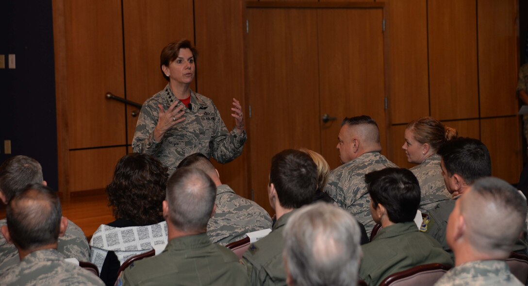 Gen. Lori Robinson, Commander, North American Aerospace Defense Command and United States Northern Command, makes a point to members of the Continental U.S. NORAD Region-1st Air Force (Air Forces Northern) enterprise at her commander’s call here Feb. 10. Robinson visited CONR-1st AF (AFNORTH) Feb. 9-10 to talk with the organization’s members about her priorities and to also express her deep appreciation for their professionalism and unwavering commitment to the CONR-1st AF (AFNORTH) mission. (Photo by Maj. Andrew Scott)