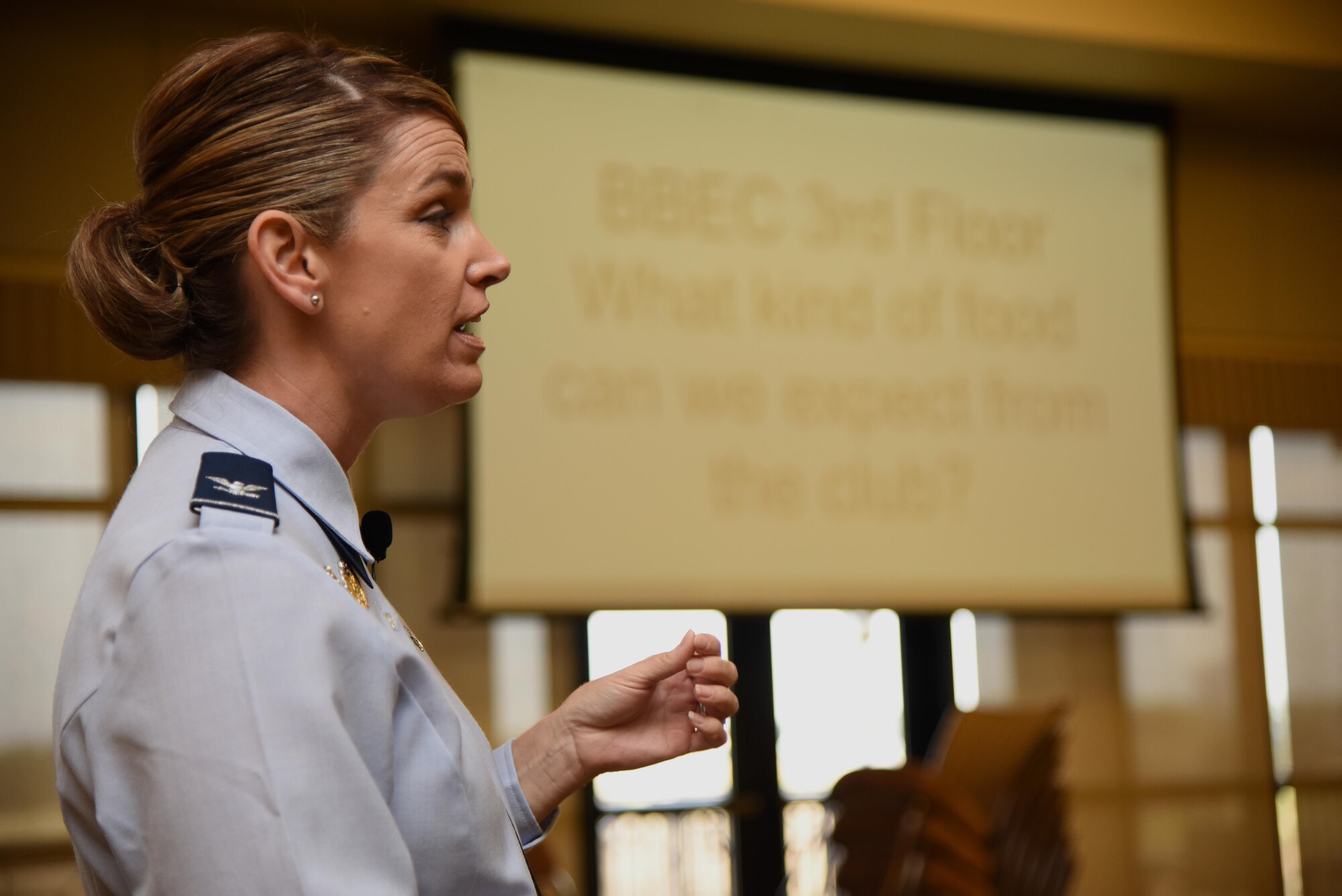Col. Michele Edmondson, 81st Training Wing commander, speaks during a live multimedia broadcast system demonstration at the Bay Breeze Event Center Feb. 6, 2017, on Keesler Air Force Base, Miss. The conferencing system provides a way for someone at the BBEC to communicate to five locations on base via a livestream. (U.S. Air Force photo by Kemberly Groue)