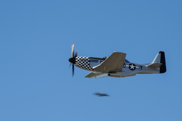 A TF-51 Mustang flies during the 2017 Heritage Flight Training and Certification Course at Davis-Monthan Air Force Base, Ariz., Feb. 10, 2017. The annual aerial demonstration training event has been held at D-M since 2001. The course certifies civilian pilots of historic military aircraft and Air Force pilots to fly in formation together during the upcoming air show season. (U.S. Air Force photo by Airman 1st Class Mya M. Crosby)