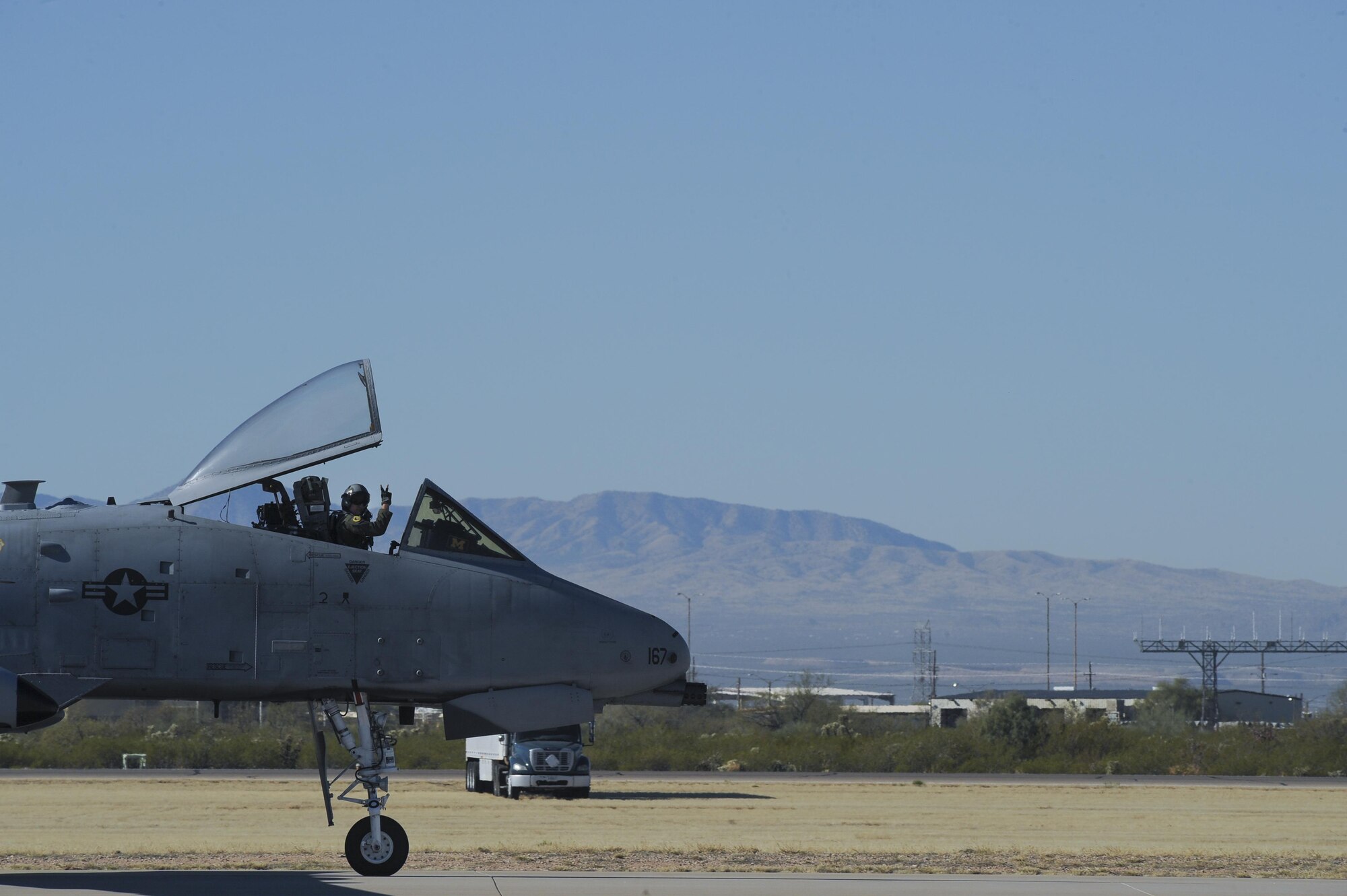 An A-10C Thunderbolt II taxis down the flightline during the 2017 Heritage Flight Training and Certification Course at Davis-Monthan Air Force Base, Ariz., Feb. 10, 2017. The annual aerial demonstration training event has been held at D-M since 2001. (U.S. Air Force photo by Senior Airman Ashley N. Steffen)