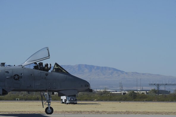 An A-10C Thunderbolt II taxis down the flightline during the 2017 Heritage Flight Training and Certification Course at Davis-Monthan Air Force Base, Ariz., Feb. 10, 2017. The annual aerial demonstration training event has been held at D-M since 2001. (U.S. Air Force photo by Senior Airman Ashley N. Steffen)