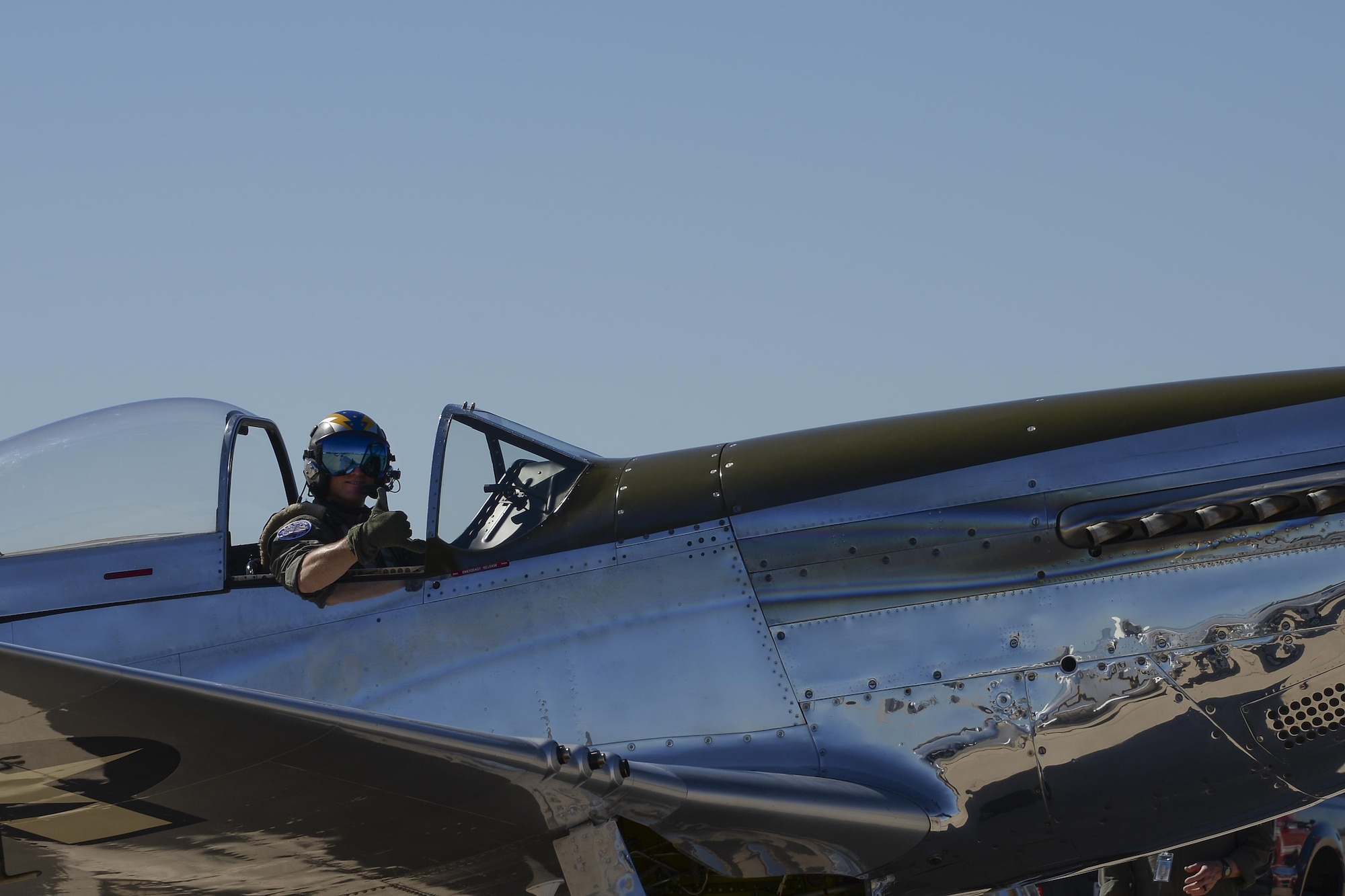 A pilot of a P-51 Mustang prepares to taxi down the flightline during the 2017 Heritage Flight Training and Certification Course at Davis-Monthan Air Force Base, Ariz., Feb. 10, 2017. The modern aircraft that participated in this year's HFTCC were the F-35 Lightning II, the F-22 Raptor, F-16 Fighting Falcon and the A-10C Thunderbolt II. The historic aircraft included the P-51 and T-51 Mustangs, the P-40 Warhawk, the P-38 Lightning, the P-47 Thunderbolt, the T-33 Shooting Star and the F-86 Sabre. (U.S. Air Force photo by Senior Airman Ashley N. Steffen)