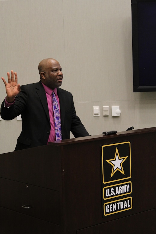 Robert T. Vinson, an associate professor of History and African Studies at the College of William and Mary, discusses the roles of prominent African American leaders in American education, Feb. 8, at Shaw Air Force Base, S.C., during U.S. Army Central’s Black History Month observance.