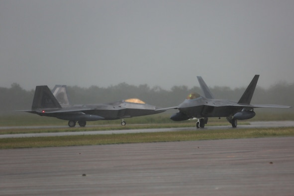The first three of 12 U.S. Air Force F-22 Raptors arrive at Royal Australian Air Force Base Tindal, Feb. 10, 2017. The At the direction of Adm. Harry Harris Jr., U.S. Pacific Command commander, Pacific Air Forces sent the Raptors and approximately 190 Airmen from the 90th Fighter Squadron at Joint Base Elmendorf-Richardson, Alaska, to conduct combined exercises and training missions with the RAAF as part of the Enhanced Air Cooperation Initiative under the Force Posture Agreement between the United States and Australia.
