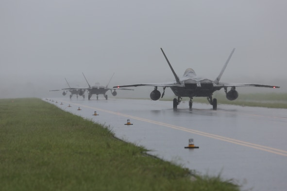 The first three of 12 U.S. Air Force F-22 Raptors arrive at Royal Australian Air Force Base Tindal, Feb. 10, 2017. The At the direction of Adm. Harry Harris Jr., U.S. Pacific Command commander, Pacific Air Forces sent the Raptors and approximately 190 Airmen from the 90th Fighter Squadron at Joint Base Elmendorf-Richardson, Alaska, to conduct combined exercises and training missions with the RAAF as part of the Enhanced Air Cooperation Initiative under the Force Posture Agreement between the United States and Australia.
