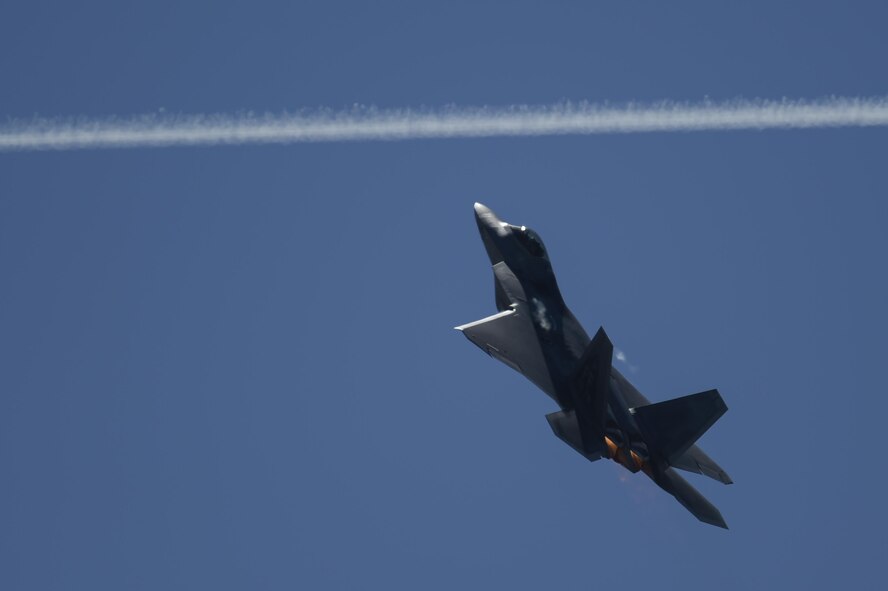A U.S. Air Force F-22 Raptor performs during the 2017 Heritage Flight Training and Certification Course at Davis-Monthan Air Force Base, Ariz., Feb. 10, 2017. The Raptor performs both air-to-air and air-to-ground missions allowing full realization of operational concepts vital to the 21st century Air Force. (U.S. Air Force photo by Senior Airman Chris Drzazgowski)