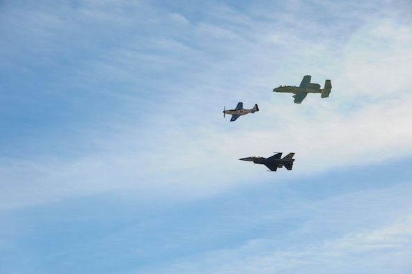 A U.S. Air Force A-10C Thunderbolt II, a P-51 Mustang and an F-16 Fighting Falcon fly in formation during the 2017 Heritage Flight Training and Certification Course at Davis-Monthan Air Force Base, Ariz., Feb. 10, 2017. During the course, aircrews practice ground and flight training to enable civilian pilots of historic military aircraft and U.S. Air Force pilots of current fighter aircraft to safely fly in formations together. (U.S. Air Force Photo by Airman 1st Class Nathan H. Barbour)