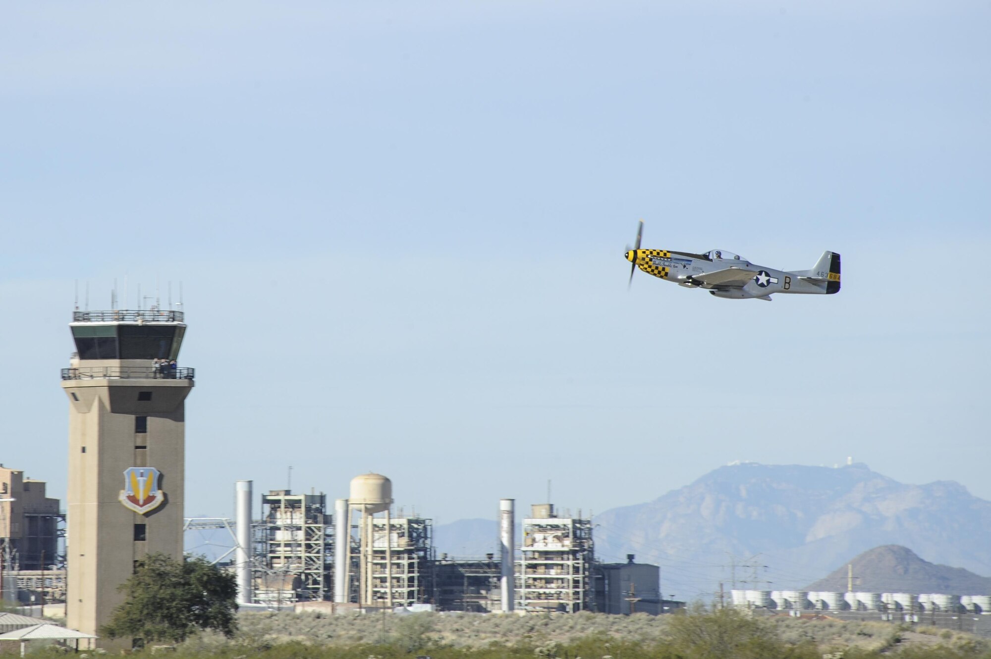 A P-40 Warhawk takes off during the 2017 Heritage Flight Training and Certification Course at Davis-Monthan Air Force Base, Ariz., Feb. 10, 2017. Established in 1997, the HFTCC certifies civilian pilots of historic military aircraft and U.S. Air Force pilots to fly in formation together during the upcoming air show season. (U.S. Air Force photo by Airman 1st Class Mya M. Crosby)