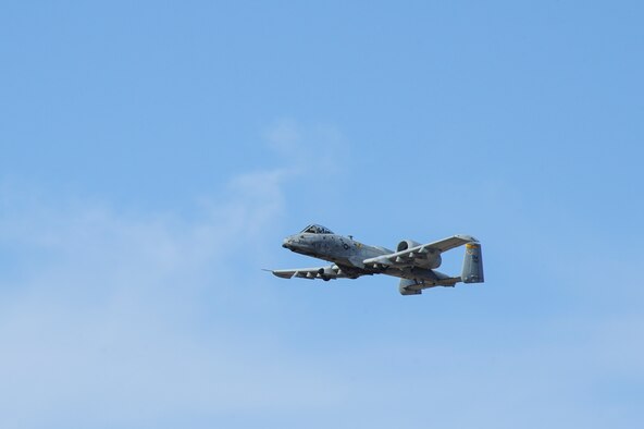 An A-10C Thunderbolt II flies during the 2017 Heritage Flight Training and Certification Course at Davis-Monthan Air Force Base, Ariz., Feb. 10, 2017. The historic aircraft included the P-51 and T-51 Mustangs, the P-40 Warhawk, the P-38 Lightning, the P-47 Thunderbolt, the T-33 Shooting Star and the F-86 Sabre. (U.S. Air Force photo by Airman 1st Class Mya M. Crosby)