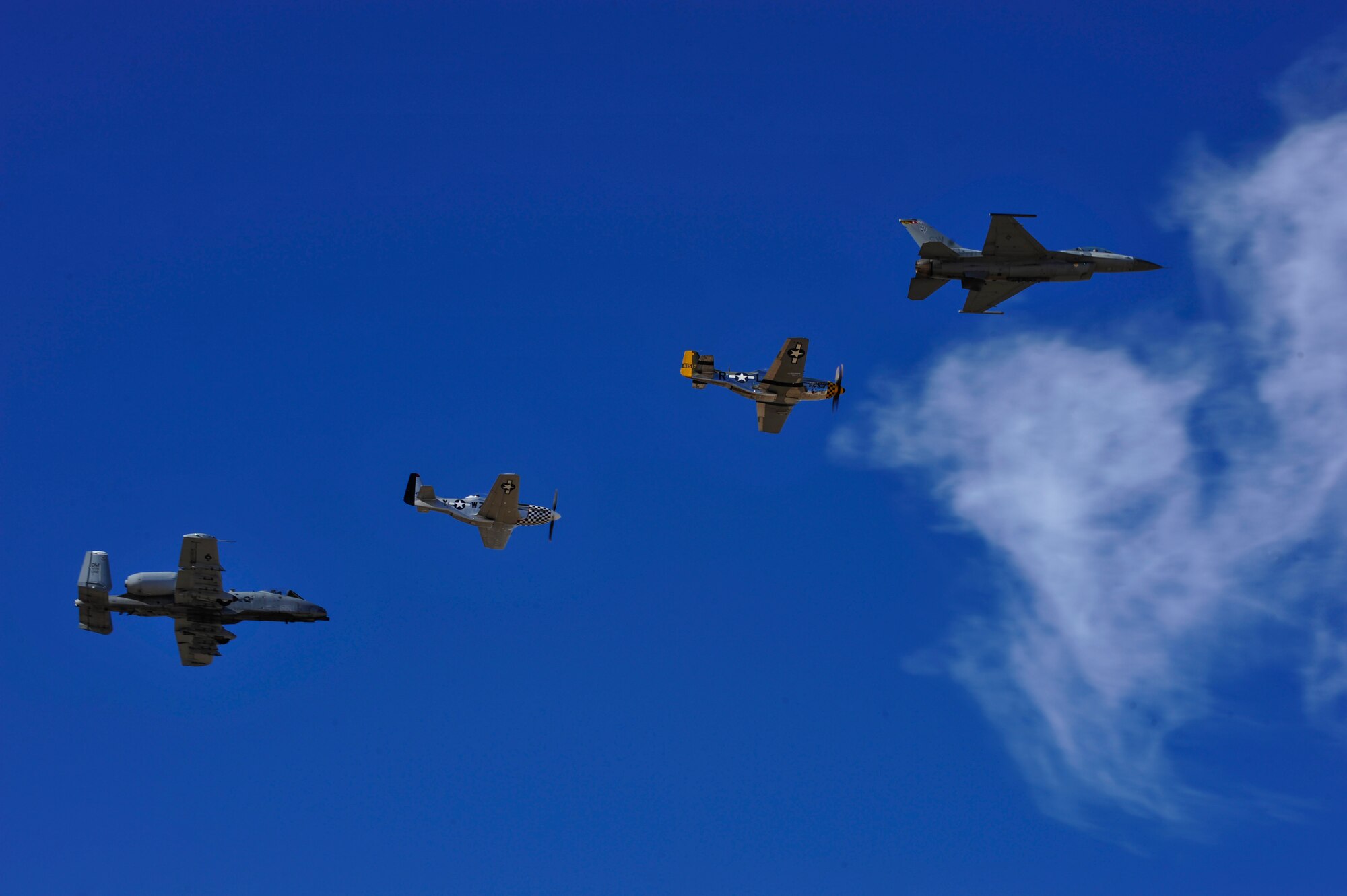 A U.S. Air Force A-10C Thunderbolt II, F-16 Fighting Falcon and two TF-51 Mustangs fly together during the 2017 Heritage Flight Training and Certification Course at Davis-Monthan Air Force Base, Ariz., Feb. 11, 2017. The HFTCC provides civilian and military pilots the opportunity to practice flying in formation together in preparation for future air shows. (U.S. Air Force photo by Senior Airman Cheyenne A. Powers)