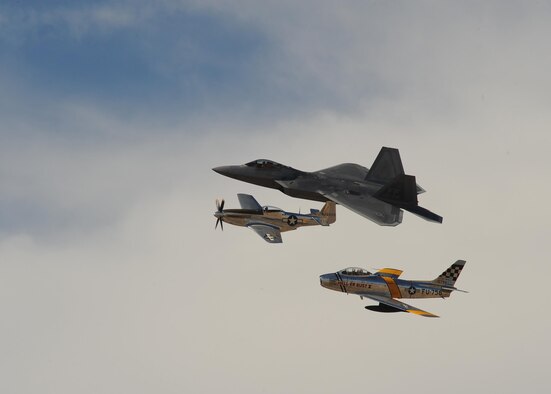 A U.S. Air Force F-35 Lightning II, a P-51 Mustang and an F-86 Sabre perform a fly over during the 2017 Heritage Flight Training and Certification Course at Davis-Monthan Air Force Base, Ariz., Feb. 11, 2017. The modern aircraft that participated in this year's HFTCC were the F-35 Lightning II, the F-22 Raptor, F-16 Fighting Falcon and the A-10C Thunderbolt II. The historic aircraft included the P-51 and T-51 Mustangs, the P-40 Warhawk, the P-38 Lightning, the P-47 Thunderbolt, the T-33 Shooting Star and the F-86 Sabre. (U.S. Air Force photo by Senior Airman Ashley N. Steffen)