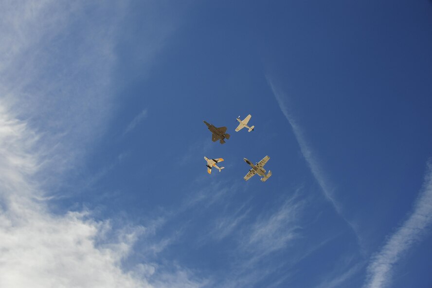 A U.S. Air Force  F-35 Lightning II, a TF-51 Mustang, an F-86 Sabre and an A-10C Thunderbolt II fly in formation during the 2017 Heritage Flight Training and Certification Course at Davis-Monthan Air Force Base, Ariz., Feb. 11, 2017. The annual aerial demonstration training event has been held at D-M since 2001 and features aerial demonstrations from historical and modern fighter aircraft. (U.S. Air Force Photo by Airman 1st Class Nathan H. Barbour)
