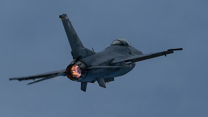 A U.S. Air Force F-16 Fighting Falcon utilizes its afterburner during the 2017 Heritage Flight Training and Certification Course at Davis-Monthan Air Force Base, Ariz., Feb. 11, 2017. The F-16 is highly maneuverable and has proven itself in air-to-air combat and air-to-surface attack. It provides a relatively low-cost, high performance weapon system for the U.S. and its allied nations. (U.S. Air Force photo by Senior Airman Chris Drzazgowski)