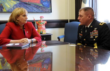 Maj. Gen. Troy D. Kok, commanding general of the U.S. Army Reserve’s 99th Regional Support Command, meets with New Jersey’s Lt. Governor Kim Guadagno prior to New Jersey Governor Chris Christie hosting an Employer Support of the Guard and Reserve (ESGR) Statement of Support ceremony Feb. 10 at the State House in Trenton, New Jersey. The Statement of Support Program is the cornerstone of ESGR’s effort to gain and maintain employer support, which is critical to maintaining the strength and readiness of Army Reserve and National Guard units.