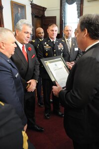 Maj. Gen. Troy D. Kok, commanding general of the U.S. Army Reserve’s 99th Regional Support Command, meets with New Jersey Governor Chris Christie during an Employer Support of the Guard and Reserve (ESGR) Statement of Support ceremony Feb. 10 at the State House in Trenton, New Jersey. The Statement of Support Program is the cornerstone of ESGR’s effort to gain and maintain employer support, which is critical to maintaining the strength and readiness of Army Reserve and National Guard units.