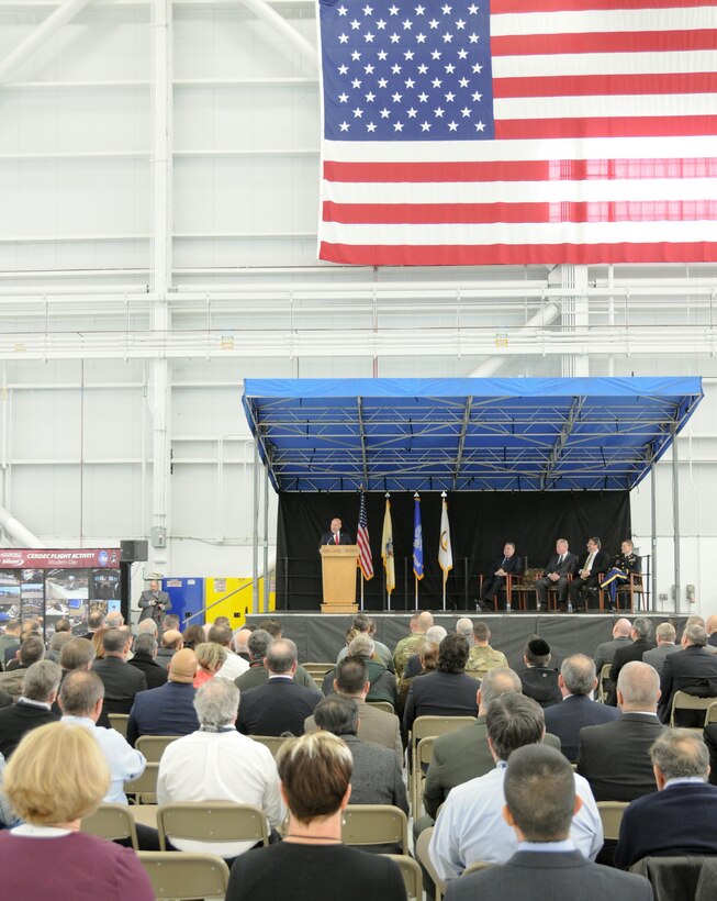 Maj. Gen. Troy D. Kok, commanding general of the U.S. Army Reserve’s 99th Regional Support Command, attends a ribbon-cutting ceremony Feb. 10 for the new U.S. Army Communications-Electronics Research, Development and Engineering Center (CERDEC) Flight Activity facility on Joint Base McGuire-Dix-Lakehurst, New Jersey. This new facility significantly enhances CERDEC’s ability to provide superior communications-electronics solutions for aviation platforms that enable the Army to fight and win across multiple operational domains.