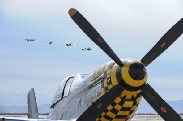 Two U.S. Air Force A-10C Thunderbolt IIs, a P-38 Lightning and a P-47 Thunderbolt fly in formation during the 2017 Heritage Flight Training and Certification Course at Davis-Monthan Air Force Base, Ariz., Feb. 12, 2017. The annual aerial demonstration training event has been held at D-M since 2001. (U.S. Air Force photo by Airman 1st Class Mya M. Crosby)