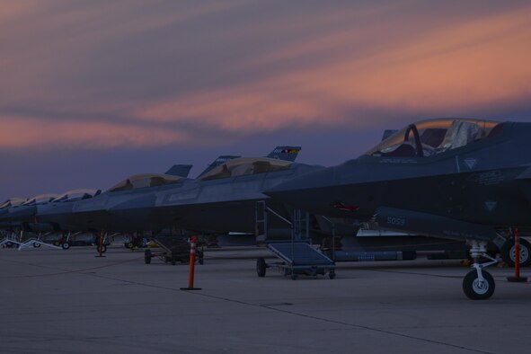 A U.S. Air Force F-35 Lightning II, two F-22 Raptors and two F-16 Fighting Falcons rests on the flightline during the 2017 Heritage Flight Training and Certification Course at Davis-Monthan Air Force Base, Ariz., Feb. 12, 2017. Established in 1997, the HFTCC certifies civilian pilots of historic military aircraft and U.S. Air Force pilots to fly in formation together during the upcoming air show season. (U.S. Air Force photo by Senior Airman Ashley N. Steffen)