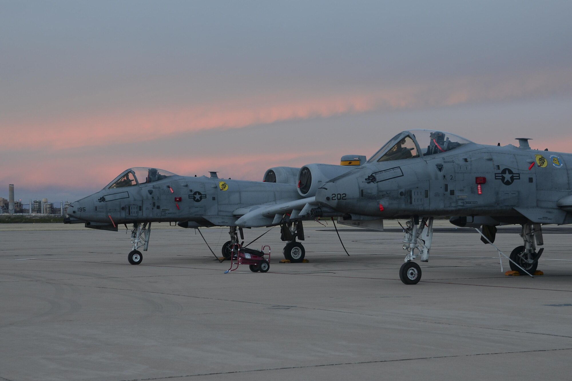 Two U.S. Air Force A-10C Thunderbolt IIs rest on the flightline during the 2017 Heritage Flight Training and Certification Course at Davis-Monthan Air Force Base, Ariz., Feb. 12, 2017. The HFTCC provides civilian and military pilots the opportunity to practice flying in formation together in preparation for future air shows. (U.S. Air Force photo by Senior Airman Ashley N. Steffen)