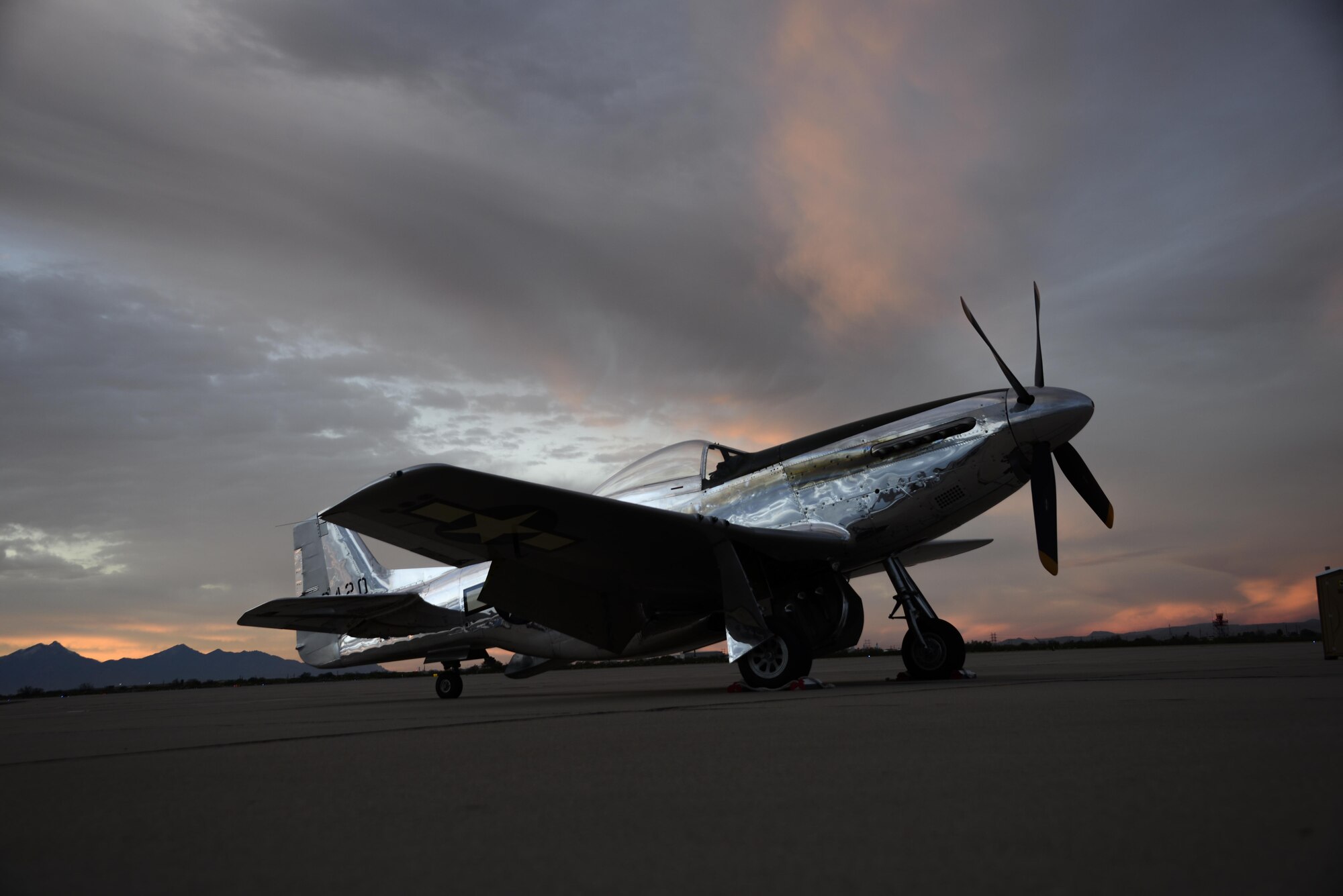 A P-51 Mustang sits on the flight line during the 2017 Heritage Flight Training and Certification Course at Davis-Monthan Air Force Base, Ariz., Feb. 12, 2017. The annual aerial demonstration training event has been held at D-M since 2001. The modern aircraft that participated in this year’s HFTCC were the F-35 Lightning II, the F-22 Raptor, F-16 Fighting Falcon and the A-10C Thunderbolt II. The historic aircraft included the P-51 and T-51 Mustangs, the P-40 Warhawk, the P-38 Lightning, the P-47 Thunderbolt, the T-33 Shooting Star and the F-86 Sabre. (U.S. Air Force photo by Senior Airman Betty R. Chevalier)