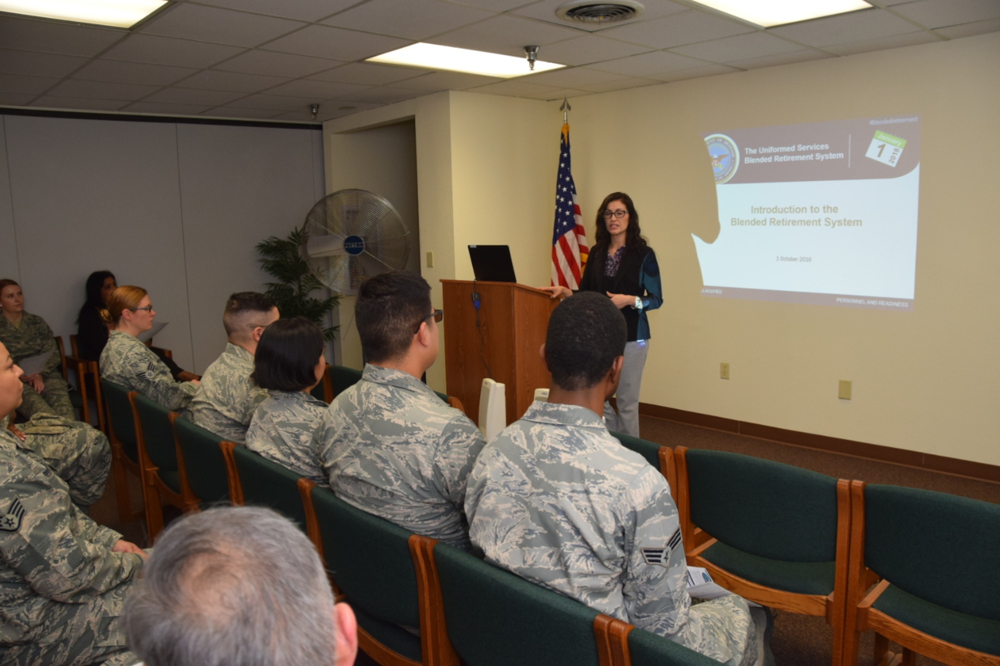 Geremy Chavez, a Personal Financial Counselor assigned to 502nd Air Base Wing Joint Base San Antonio-Lackland, Texas, teaches the inaugural Blended Retirement Workshop to 433rd Airlift Wing Airmen on Feb. 12, 2017.   (U.S. Air Force photo/Tech. Sgt. Carlos J. Treviño)