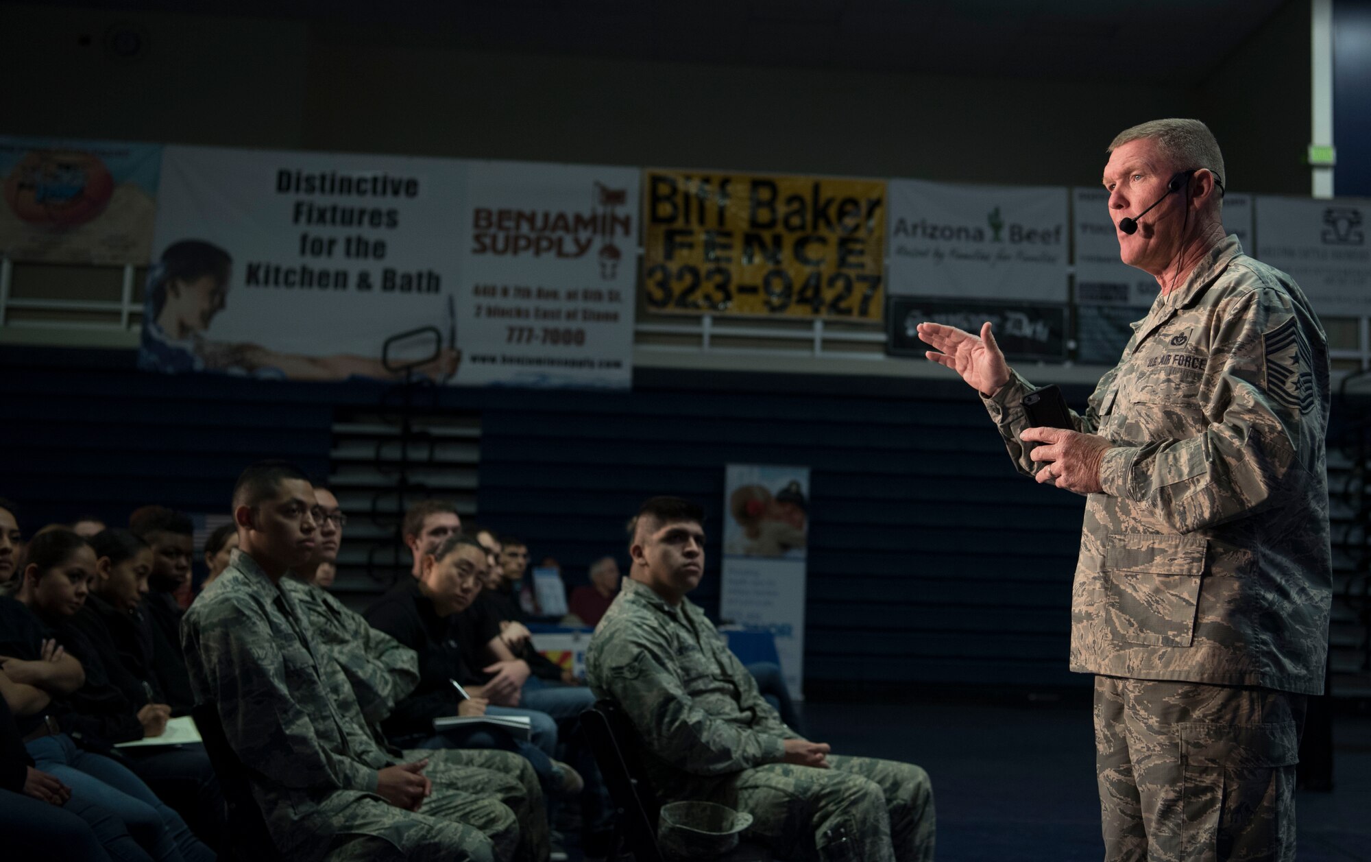 Arizona National Guard Chief Master Sgt. Shane Clark speaks to Guard Airmen about what it means to be an Airman at the 7th annual My Air Guard Incentive Career, or MAGIC event at Pima Community College West Campus. The two-day event included presentations on career development, continuing education, mentorship, resiliency, physical and mental health, life insurance and financial guidance. (U.S. Air National Guard photo by Staff Sgt. Gregory Ferreira)