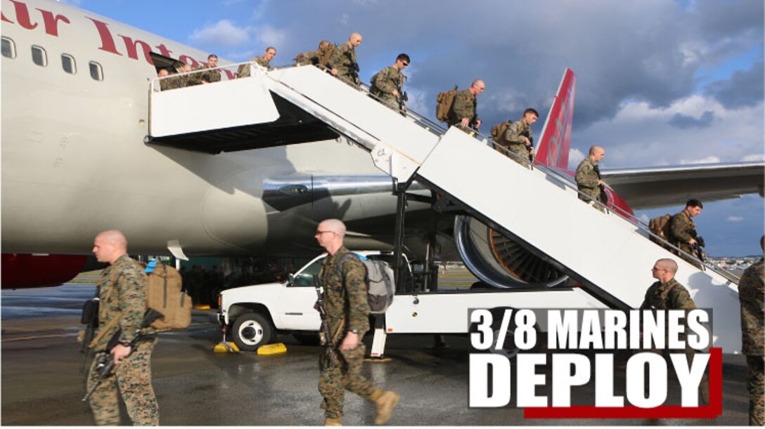 Marines from 3d Battalion, 8th Marine Regiment de-board a plane and prepare for transportation to Camp Schwab after arriving at Kadena Air Base for the unit deployment program in Okinawa, Japan Feb. 12, 2017. The unit is based out of Camp Lejeune, North Carolina and is now attached to 4th Marine Regiment, 3d Marine Division, III Marine Expeditionary Force while deployed in the Indo-Asia-Pacific Region. 