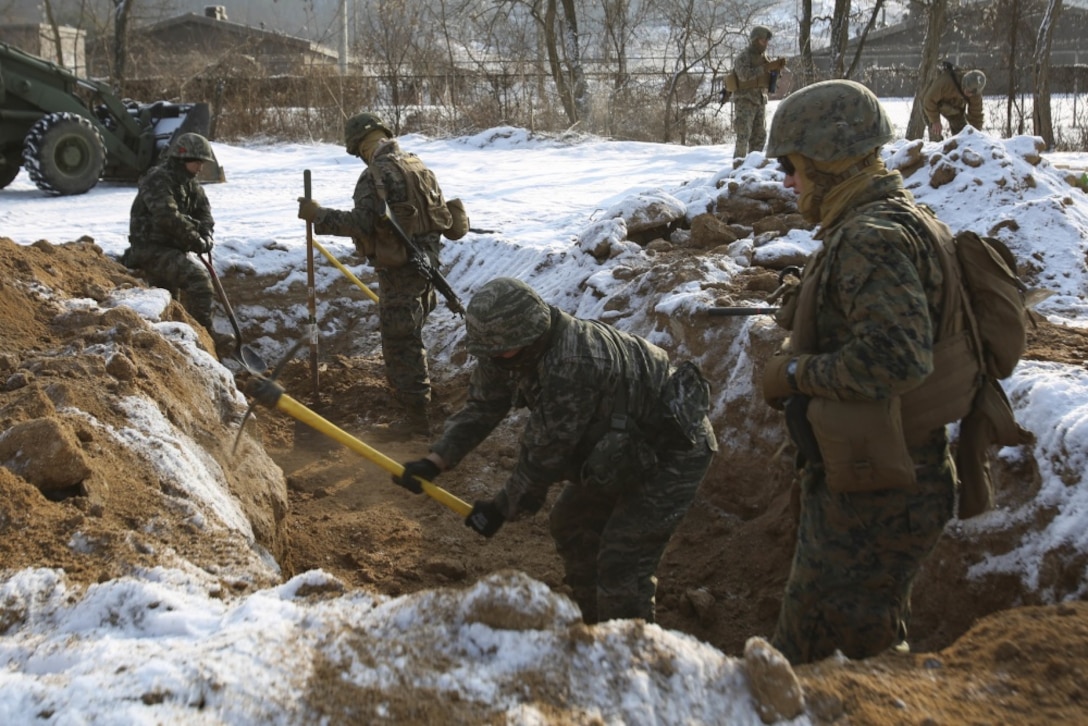 U.S. Marines with Alpha Company, 9th Engineer Support Battalion, 3rd Marine Logistics Group, and Republic of Korea Marines break and dig up dirt to create a trench during the exercise Korean Marine Exchange Program (KMEP) 17-8 on New Mexico Range, South Korea, January 28, 2017. KMEP is an annually scheduled training event designed to enhance to improve the tactical interoperability and camaraderie of the Republic of Korea (ROK) and U.S. Marines by allowing them to work side-by-side as a cohesive unit. The alliance between America and the Republic of Korea has grown even stronger based upon the shared interests and values of both nations. (U.S. Marine Corps photo by MCIPAC Combat Camera Lance Cpl. Tiana Boyd) 