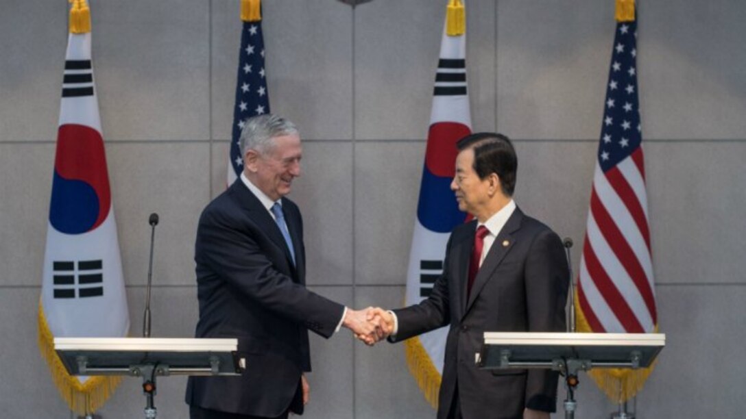 US Defense Secretary James Mattis shakes hands with his South Korean counterpart Han Min-Koo at the Defense Ministry in Seoul on February 3, 2017.