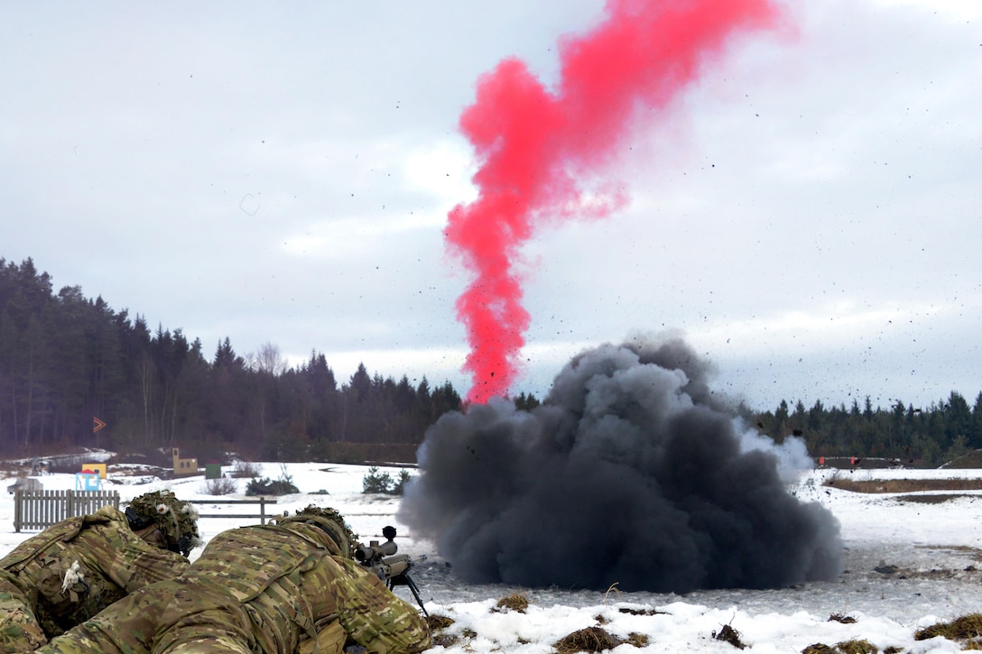 Soldiers detonate a claymore mine during a live-fire exercise at Grafenwoehr Training Area, Germany, Feb. 6, 2017. Army photo by Gerhard Seuffert