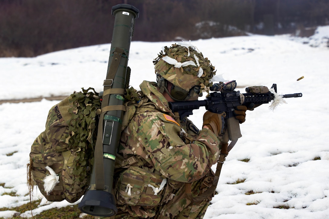 A soldier engages targets during a live-fire exercise at Grafenwoehr Training Area, Germany, Feb. 6, 2017. Army photo by Gerhard Seuffert