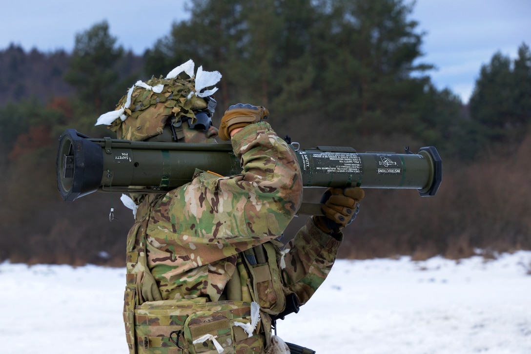 A soldier prepares to engage a vehicle target with an AT-4 missile during a live-fire exercise at Grafenwoehr Training Area, Germany, Feb. 6, 2017. Army photo by Gerhard Seuffert