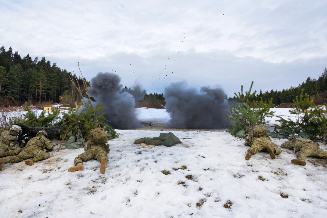 Soldiers detonate claymore mines during a live-fire exercise at Grafenwoehr Training Area, Germany, Feb. 6, 2017. Army photo by Gerhard Seuffert