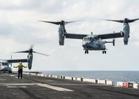 GULF OF ADEN (Feb. 12, 2017) An MV-22B Osprey, assigned to Marine Medium Tiltrotor Squadron (VMM) 163 (Reinforced), approaches the flight deck of the amphibious assault ship USS Makin Island (LHD 8). Makin Island is deployed in the U.S. 5th Fleet area of operations in support of maritime security operations designed to reassure allies and partners, and preserve the freedom of navigation and the free flow of commerce in the region. (U.S. Navy photo by Mass Communication Specialist 3rd Class Devin M. Langer)