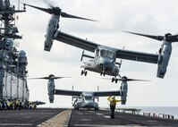 GULF OF ADEN (Feb. 12, 2017 Aviation Boatswain’s Mate (Handling) 3rd Class Jalisa Hill, from Spring, Texas, signals for an MV-22B Osprey, assigned to Marine Medium Tiltrotor Squadron (VMM) 163 (Reinforced), to take off from the flight deck of the amphibious assault ship USS Makin Island (LHD 8). Makin Island is deployed in the U.S. 5th Fleet area of operations in support of maritime security operations designed to reassure allies and partners, and preserve the freedom of navigation and the free flow of commerce in the region. (U.S. Navy photo by Mass Communication Specialist 3rd Class Devin M. Langer)